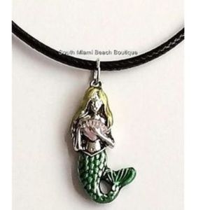 Mermaid Charm Necklace Nautical Island Beach Enamel Pendant Black Cord 18"